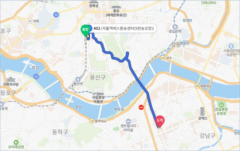 서울역버스환승센터에서 강남역까지 버스 노선 지도